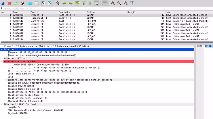 The Bluetooth capture opened in Wireshark