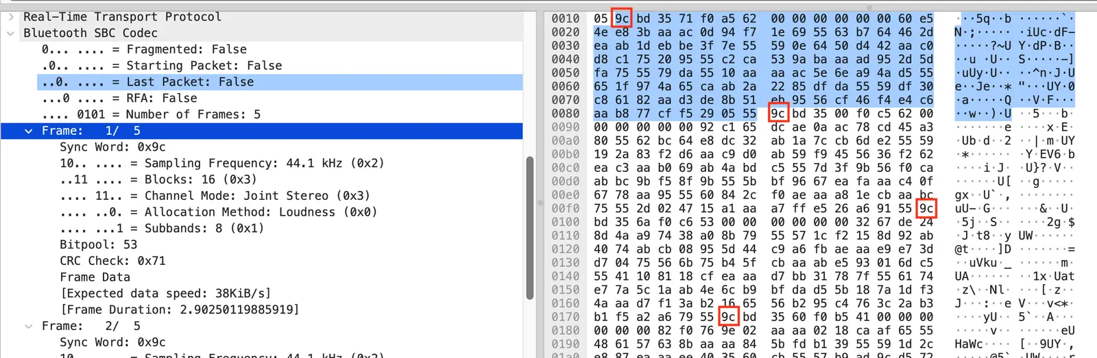 The SBC frames on the wire as shown by the Wireshark decoder