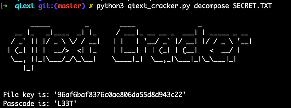 Screenshot of qtext_cracker.py, a Python script to crack QText files