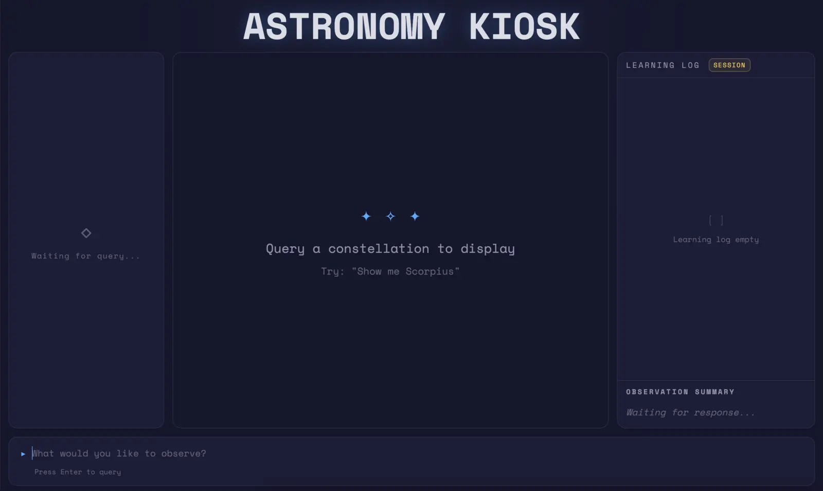 The astronomy kiosk welcome screen