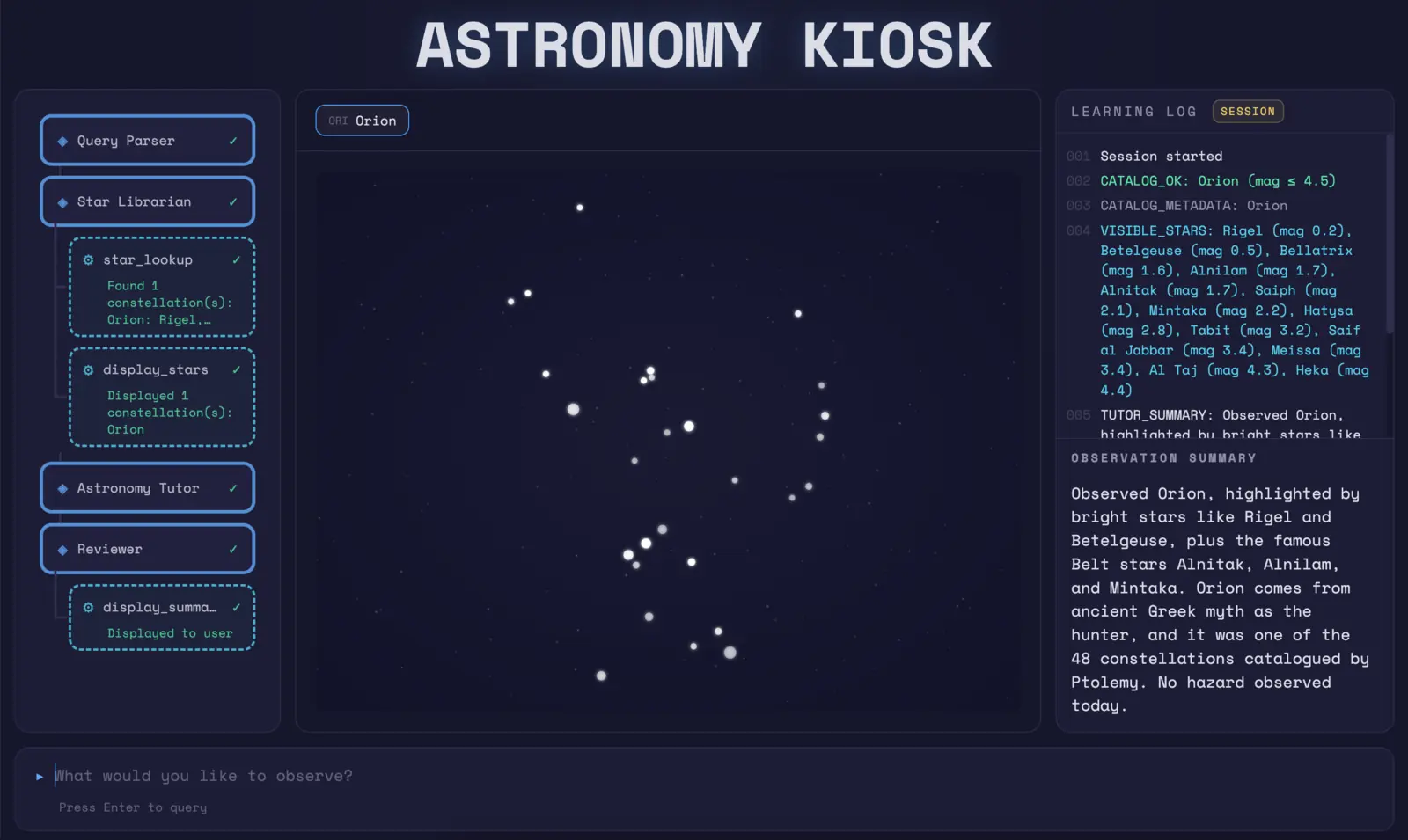 The kiosk showing the constellation Orion and the agent flow