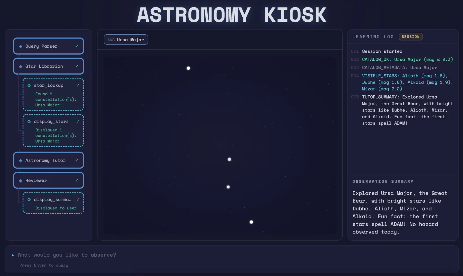 The kiosk showing Ursa Major with a magnitude filter applied